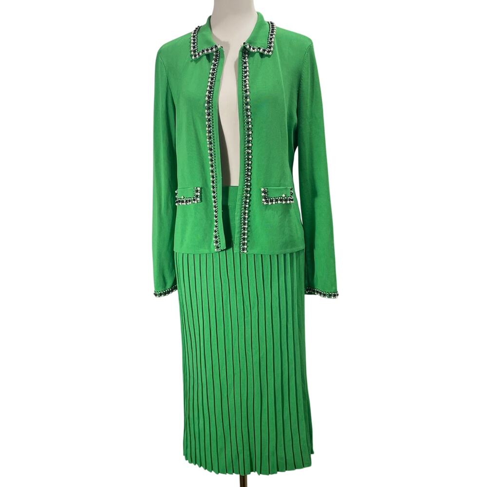 MTWT 9-5 Green Jeweled Knit Sweater Skirt Set Retro Academia Women's Small